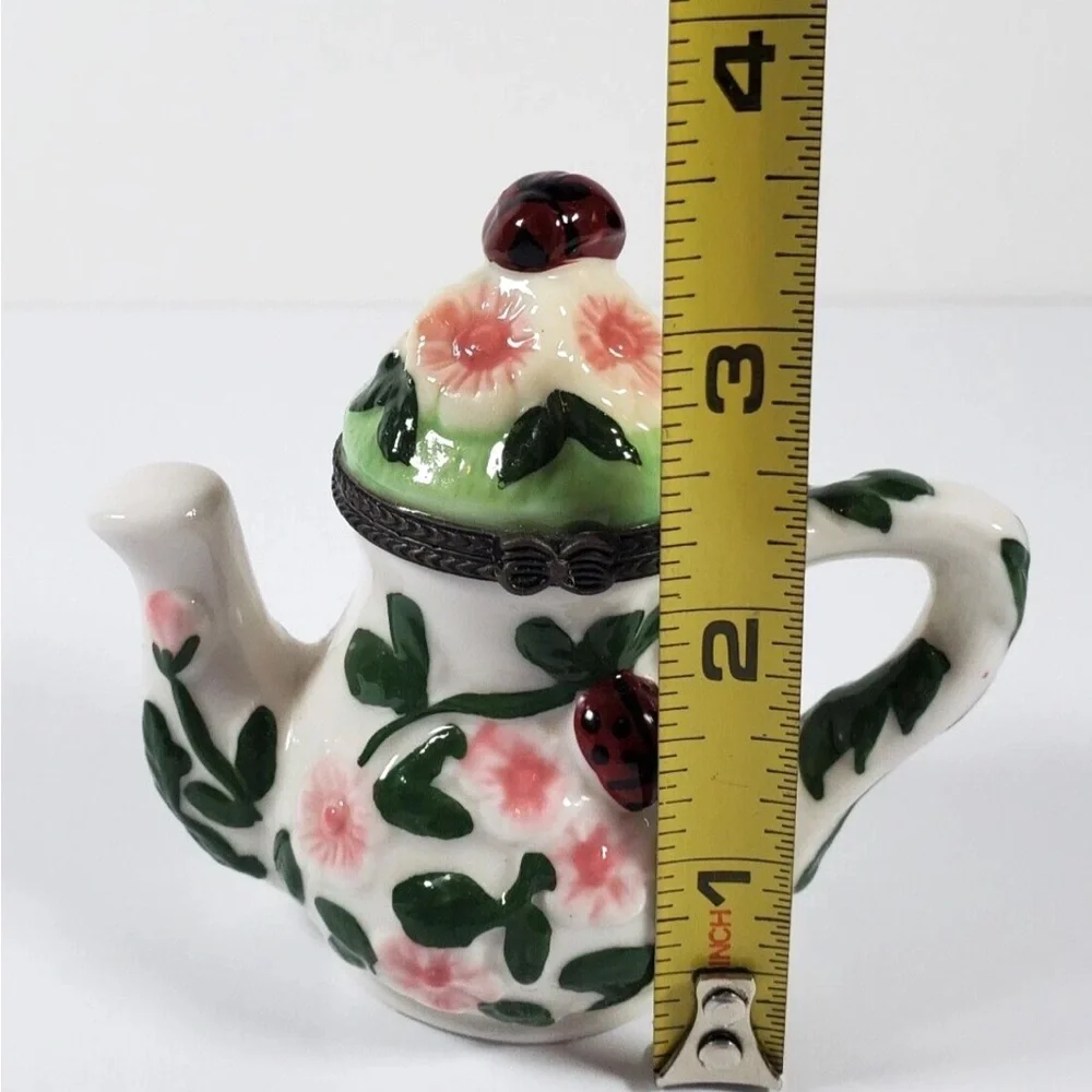 Retro Trinket Box Teapot Ladybug Floral Motif Keepsake 3.5